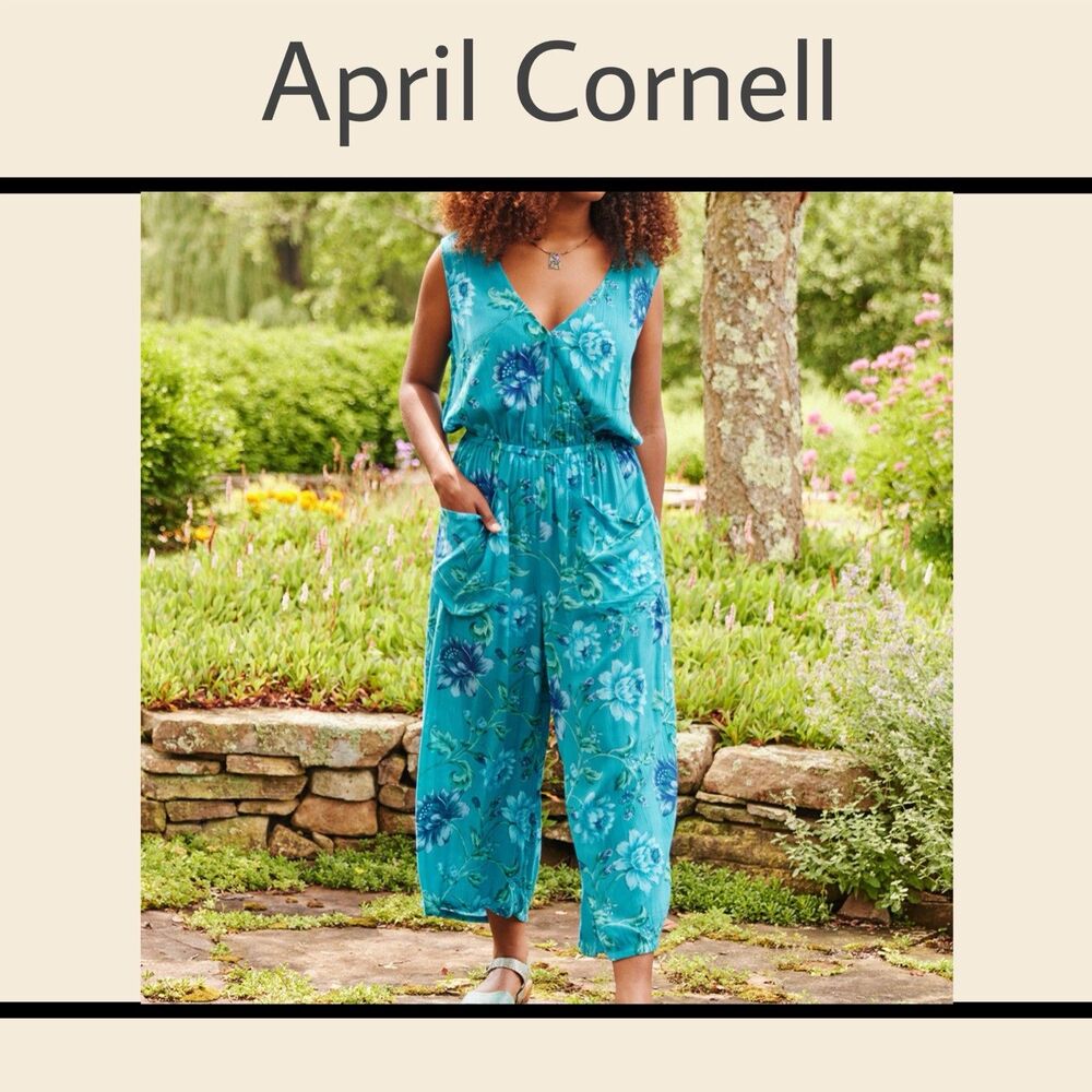 April Cornell Floral Pants/Romper Size Small Blue Jumpsuit Boho